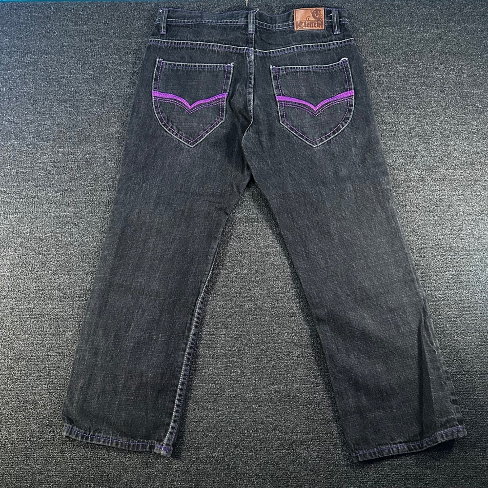 Clench Baggy Jeans Mens 40x32 Black Purple Contrast Stitch Y2K Skater Good